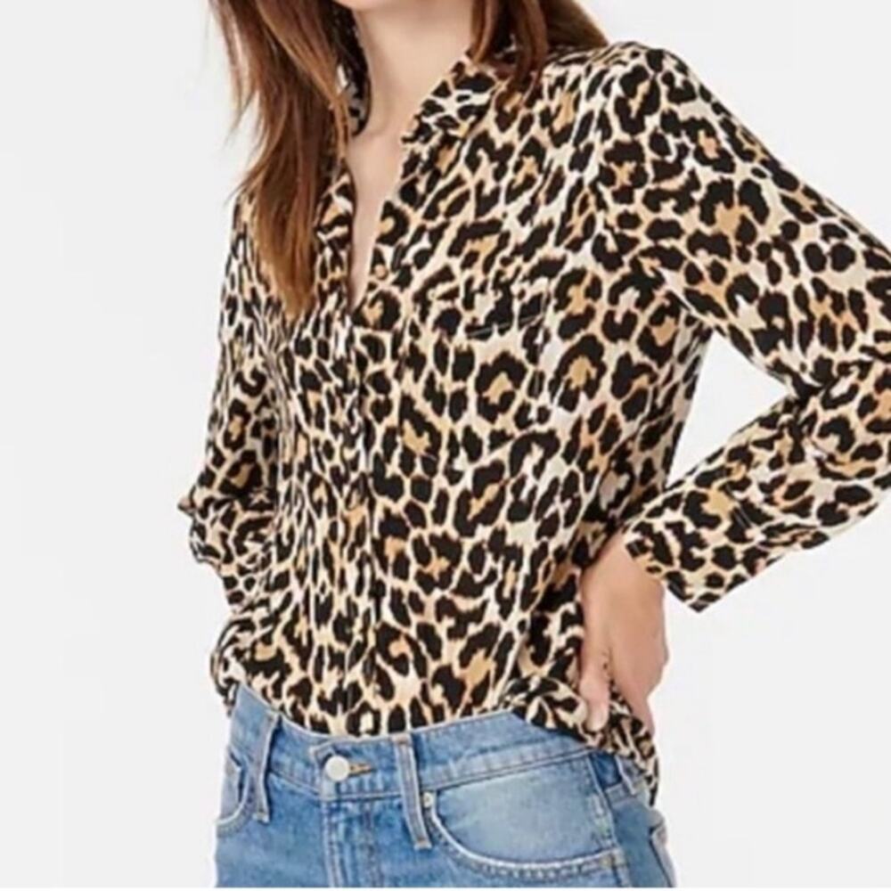 J. Crew Button Down Top Womens 00 Brown Leopard Print 100% Silk Mob Wife Core